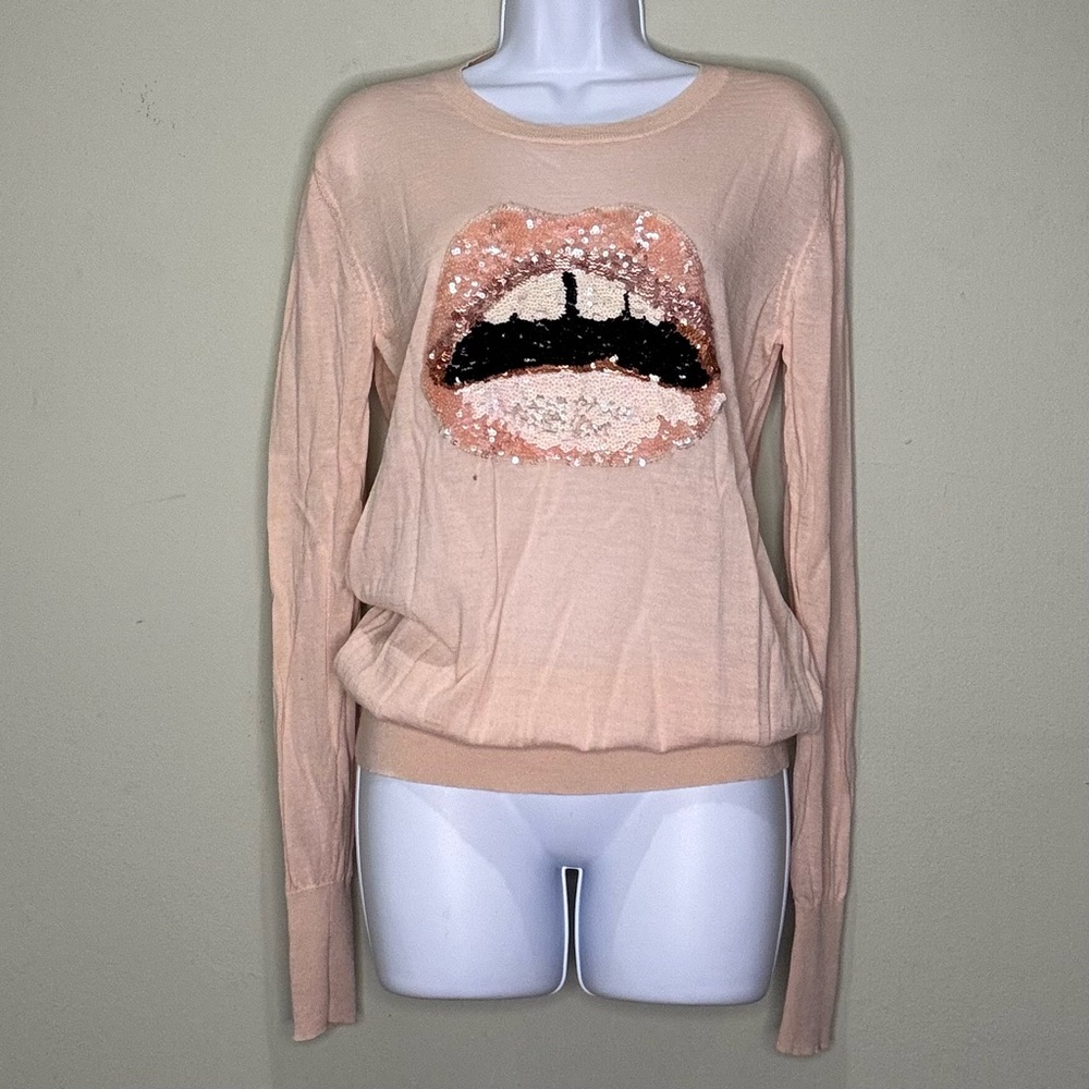 Markus Lupfer light pink sequin lips sweater, size medium
